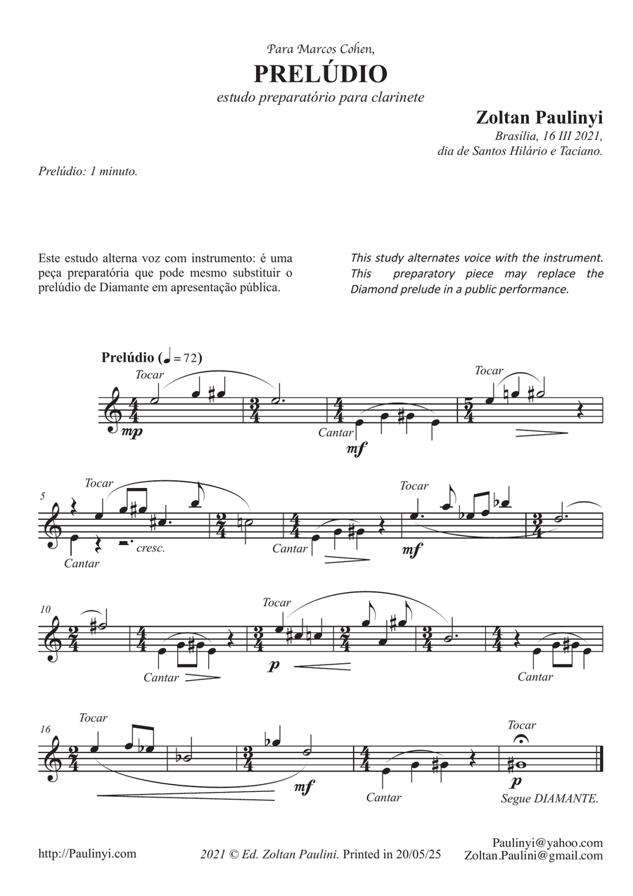 Diamond n.12 for beginner solo clarinet (grade 3-5) in contemporary Brazilian style (12-tone series) B-Flat Clarinet scores gallery preview page 1
