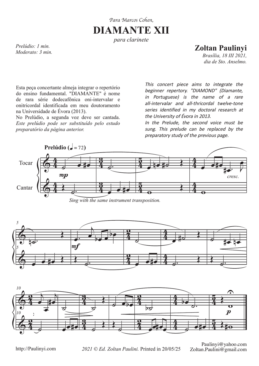 Diamond n.12 for beginner solo clarinet (grade 3-5) in contemporary Brazilian style (12-tone series) B-Flat Clarinet scores gallery preview page 2