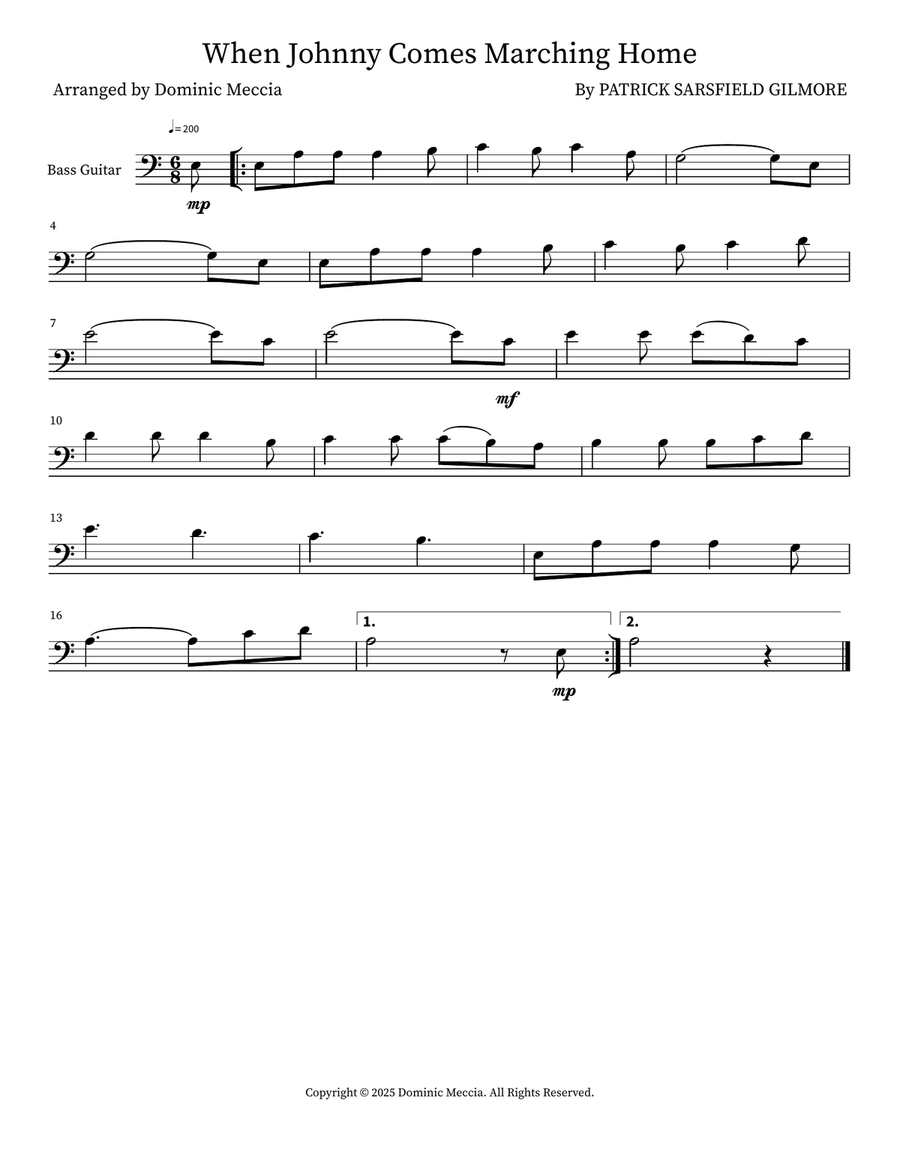 When Johnny Comes Marching Home Bass Guitar scores gallery preview page 1