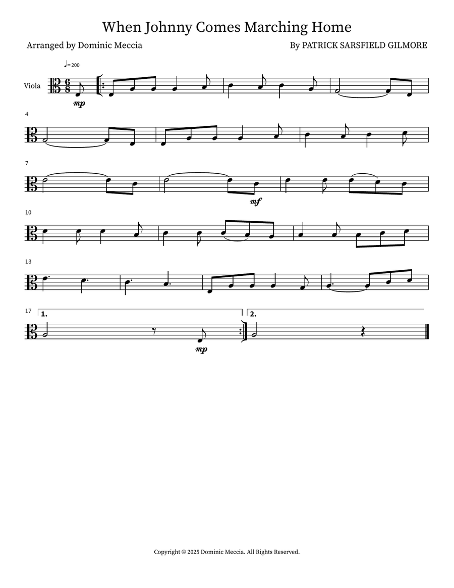 When Johnny Comes Marching Home Viola Solo scores gallery preview page 1