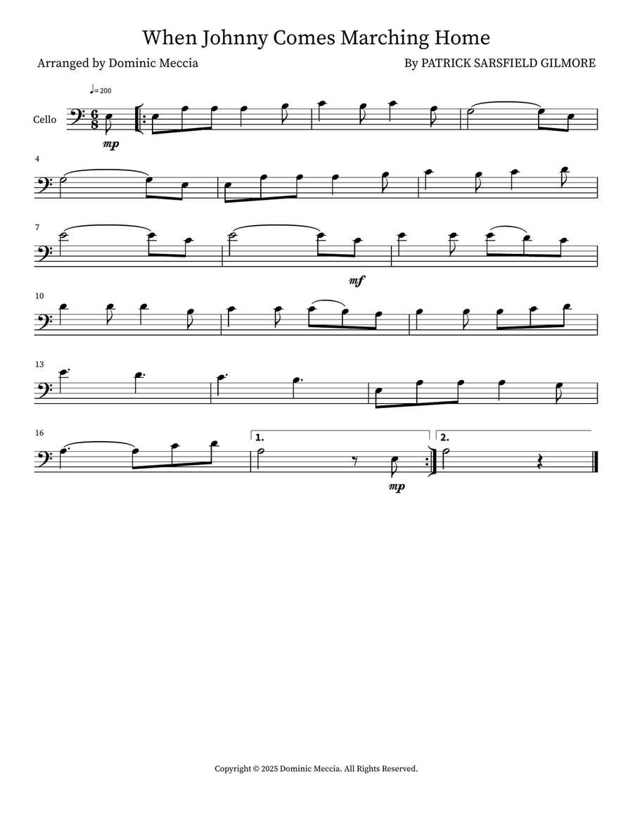 When Johnny Comes Marching Home Cello Solo scores gallery preview page 1