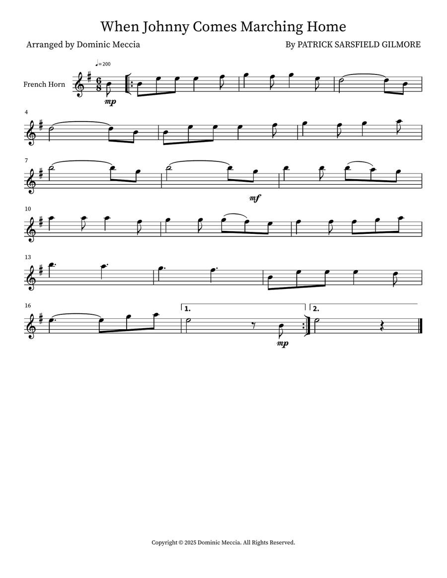 When Johnny Comes Marching Home Horn Solo scores gallery preview page 1