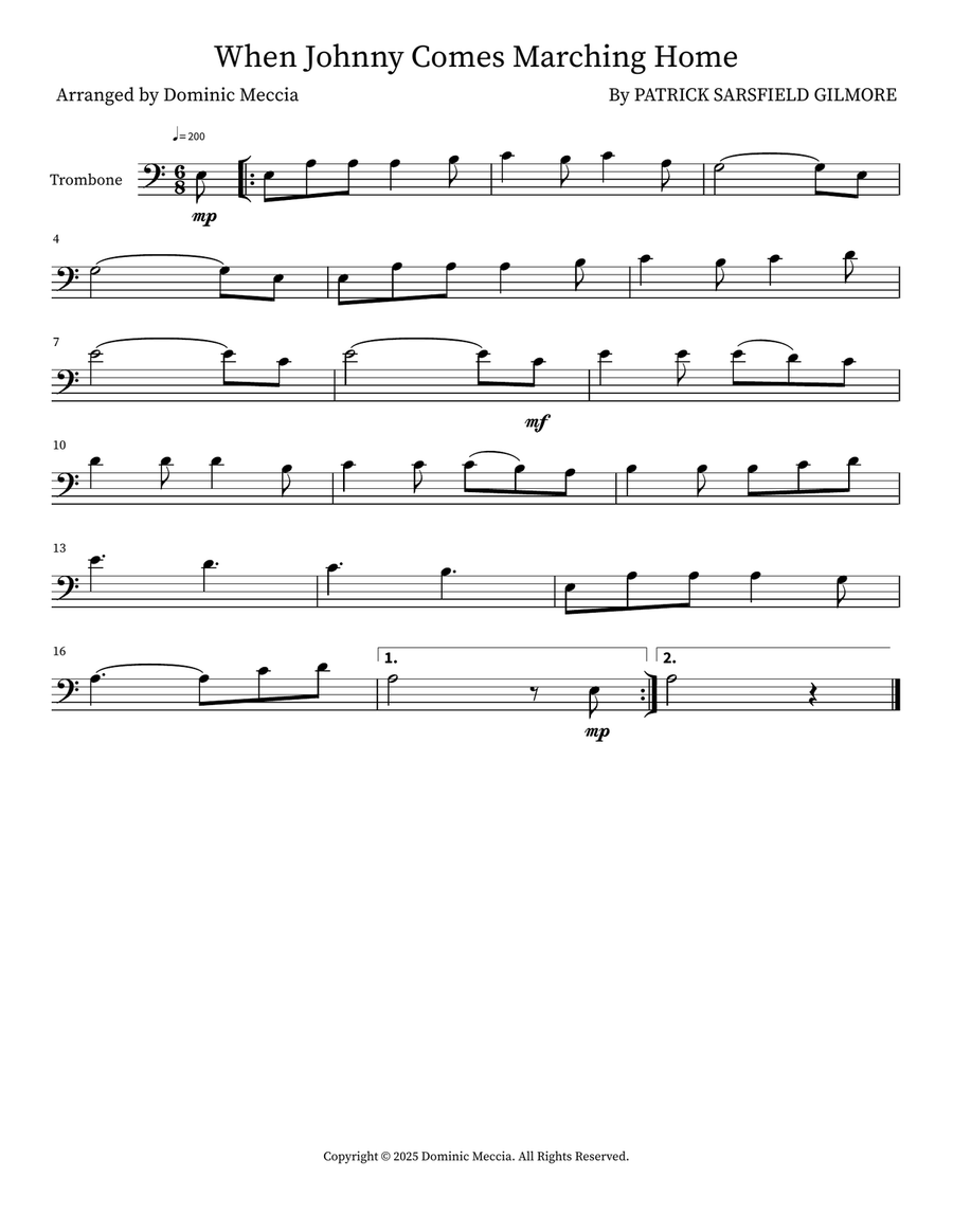When Johnny Comes Marching Home Trombone Solo scores gallery preview page 1