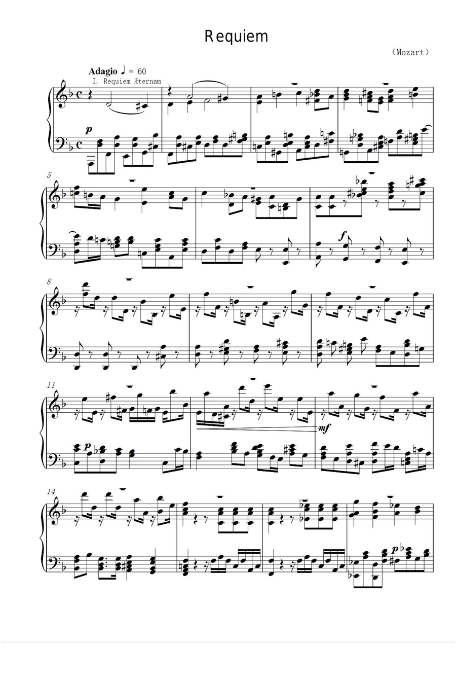 Requiem - Wolfgang Amadeus Mozart Piano Solo scores gallery preview page 1