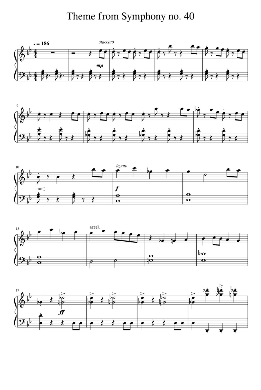 Theme from Symphony No. 40 - Wolfgang Amadeus Mozart Piano Solo scores gallery preview page 1