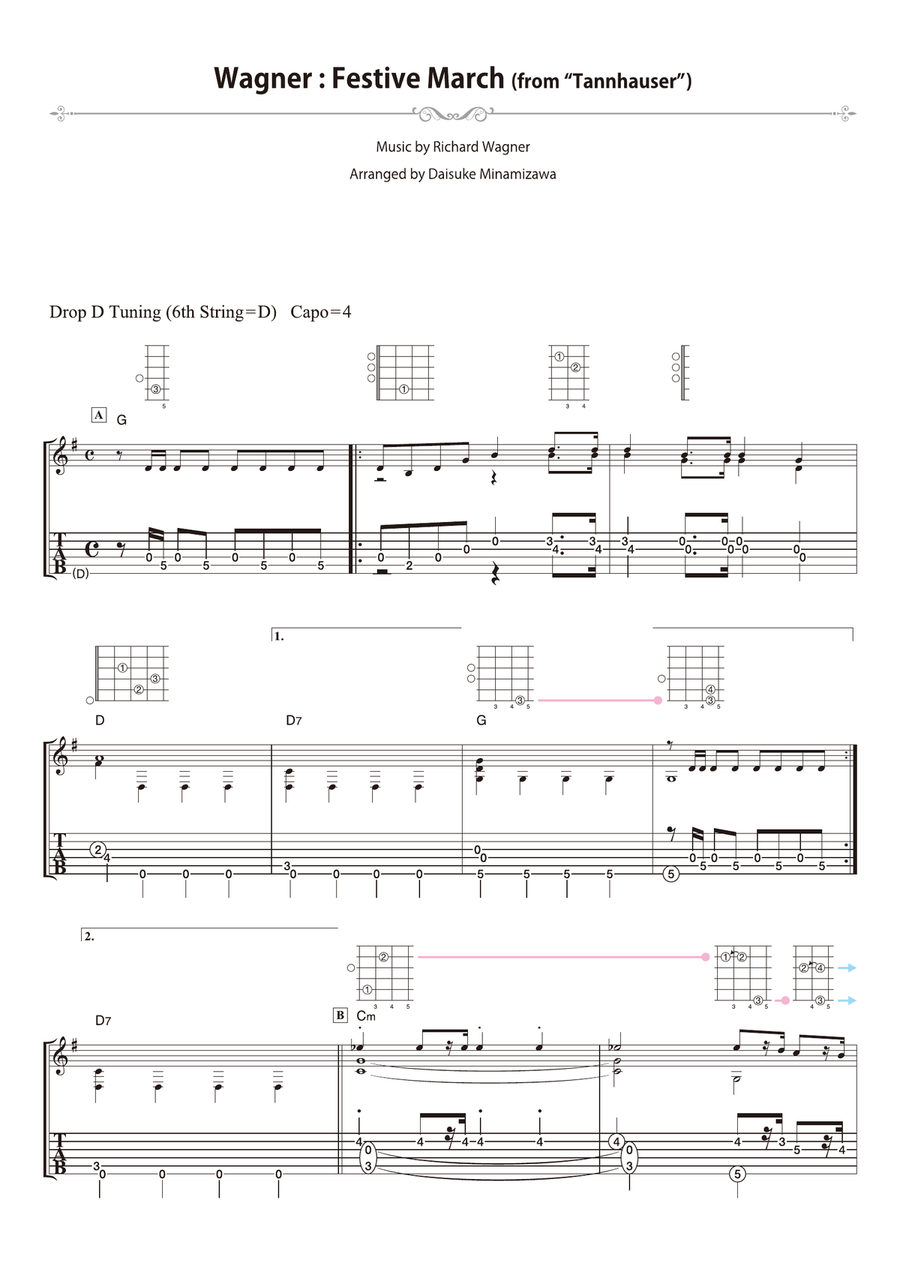Wagner : Festive March (from “Tannhauser” ) [for solo acoustic guitar] Acoustic Guitar scores gallery preview page 1