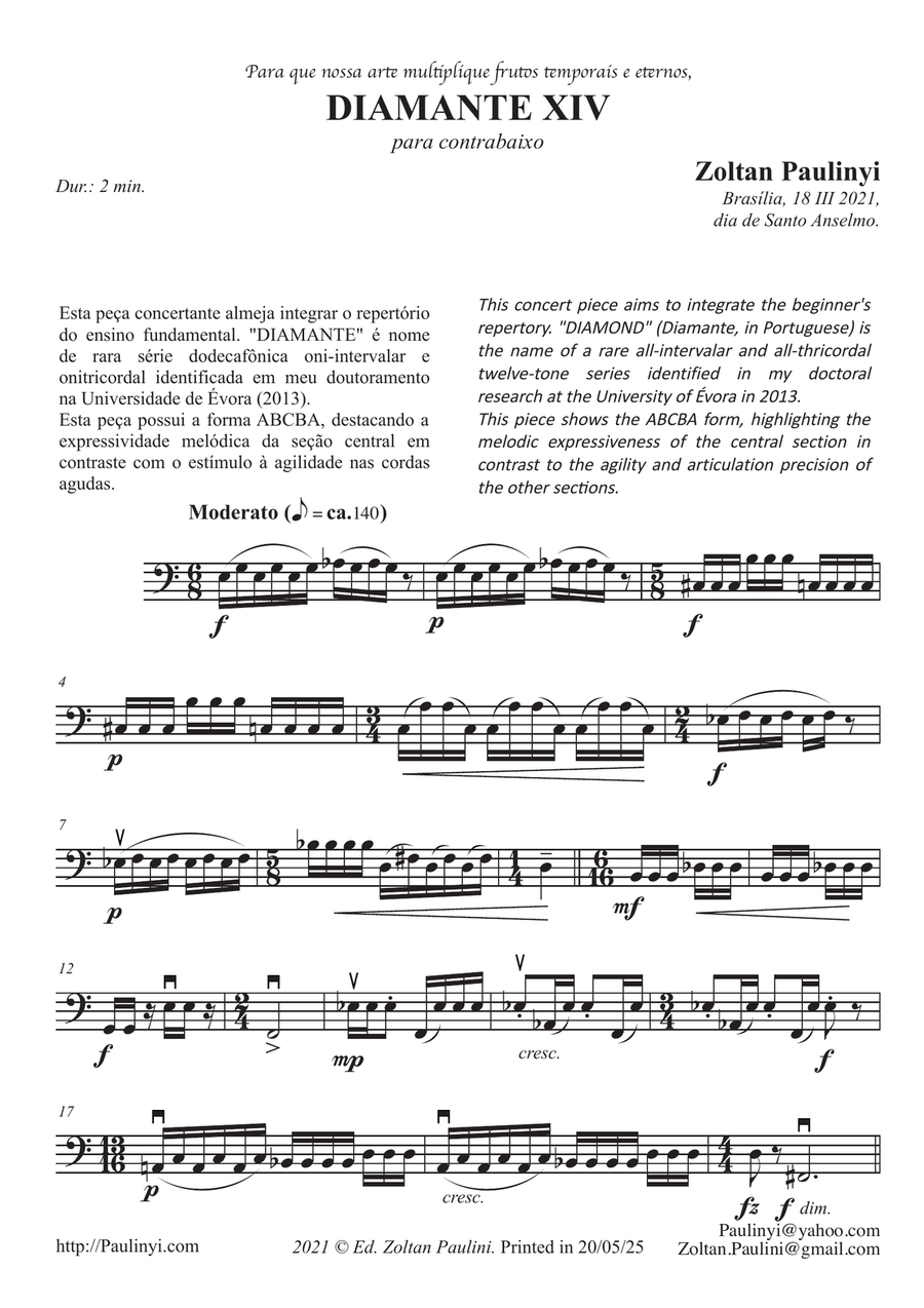 Diamond n.14 for beginner solo double bass (grade 3-5) in contempo. Brazilian style (12-tone series) Double Bass scores gallery preview page 1