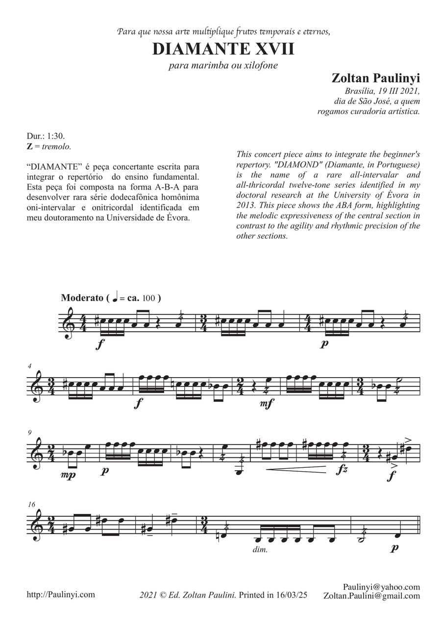 Diamond n.17 for beginner solo marimba (grade 3-5) in contemporary Brazilian style (12-tone series) Marimba scores gallery preview page 1