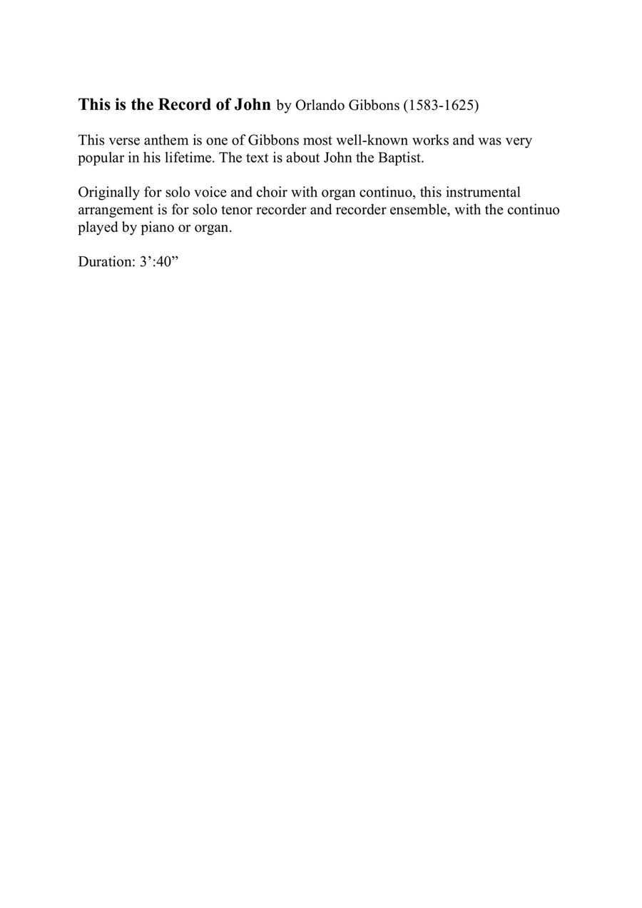 This is the Record of John by Orlando Gibbons for recorder ensemble and piano or organ Chamber Music scores gallery preview page 2