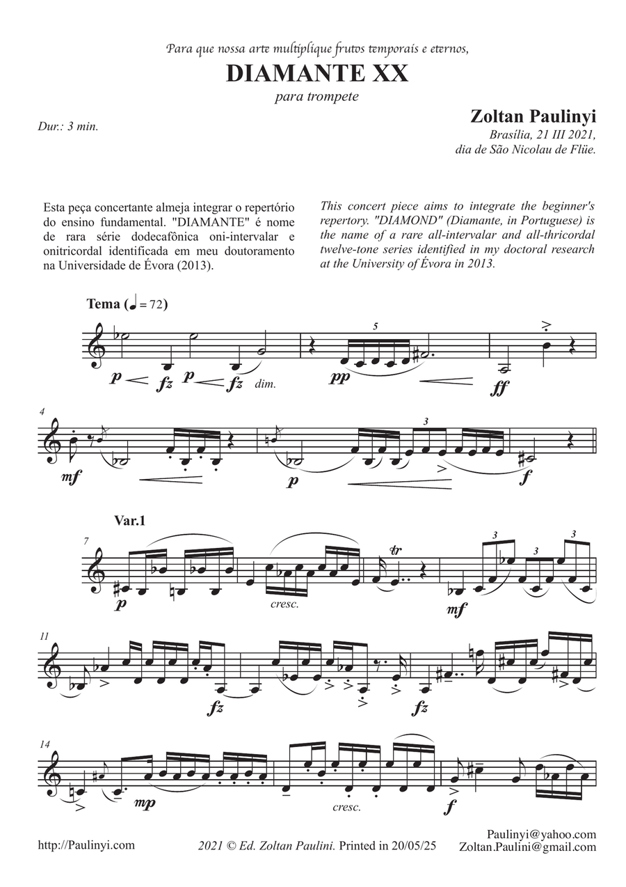 Diamond n.20 for beginner solo trumpet (grade 3-5) in contemporary Brazilian style (12-tone series) C Trumpet scores gallery preview page 1