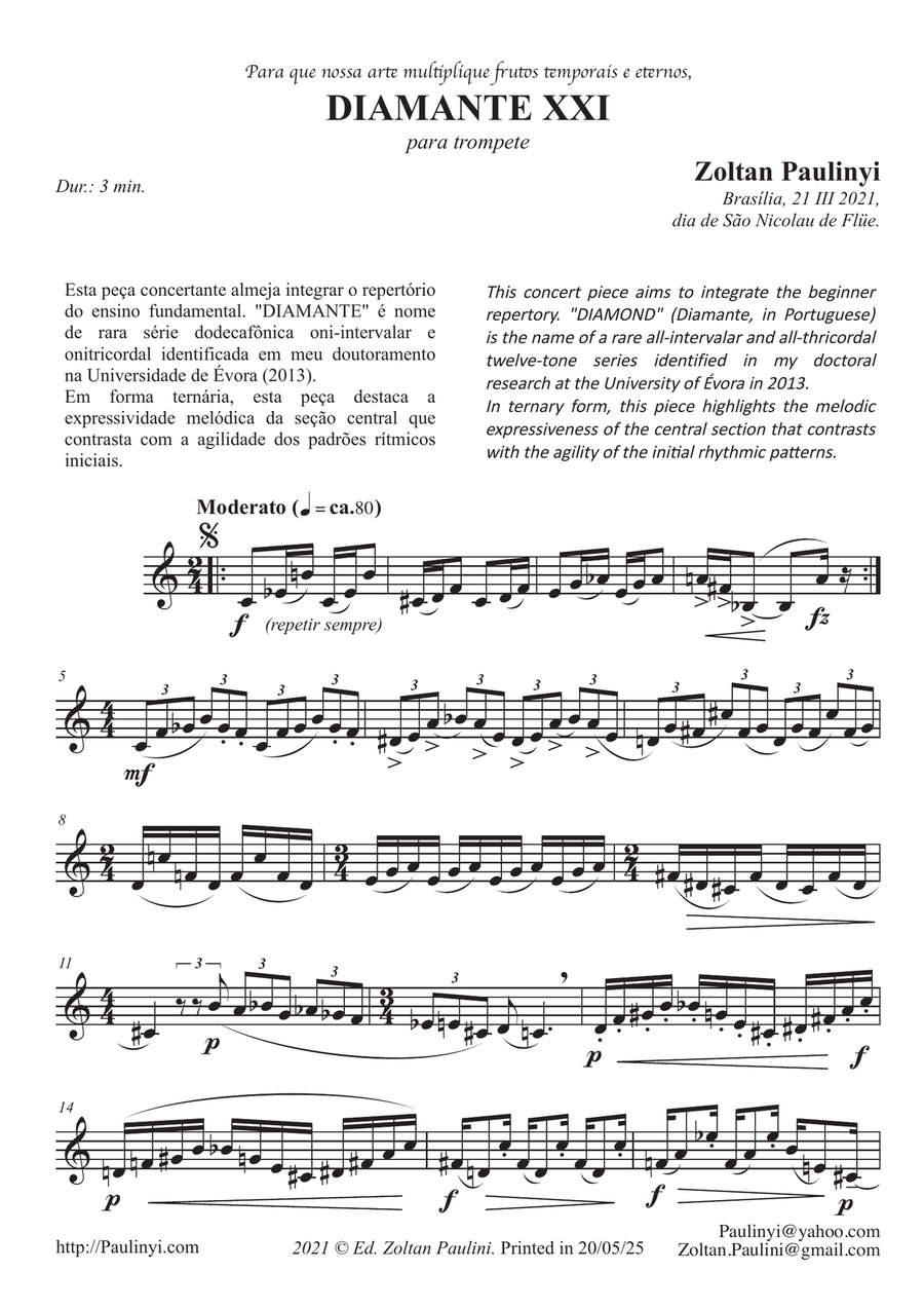 Diamond n.21 for beginner solo trumpet (grade 3-5) in contemporary Brazilian style (12-tone series) C Trumpet scores gallery preview page 1