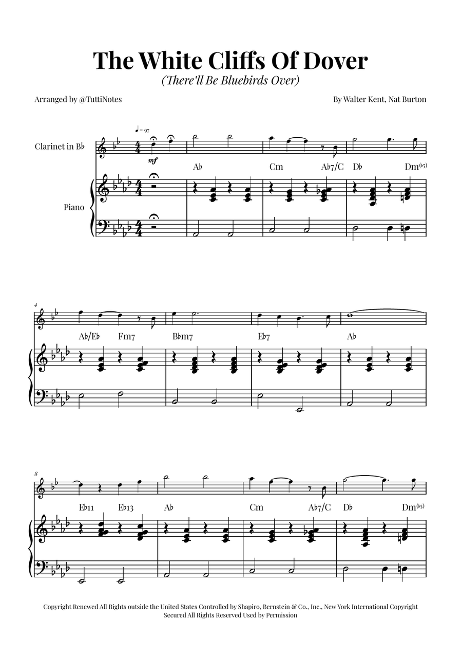(There'll Be Bluebirds Over) The White Cliffs Of Dover B-Flat Clarinet scores gallery preview page 1