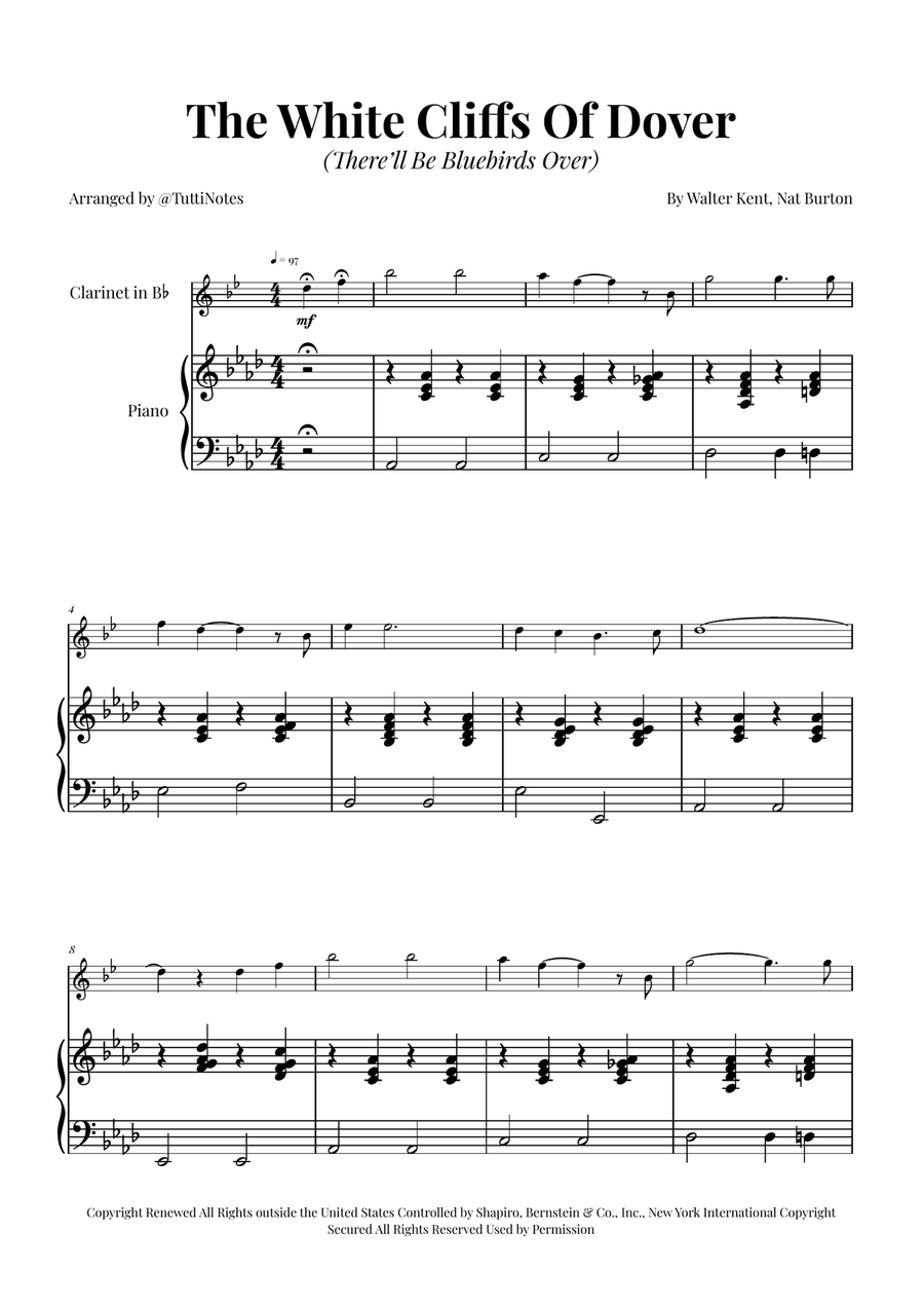 (There'll Be Bluebirds Over) The White Cliffs Of Dover B-Flat Clarinet scores gallery preview page 1
