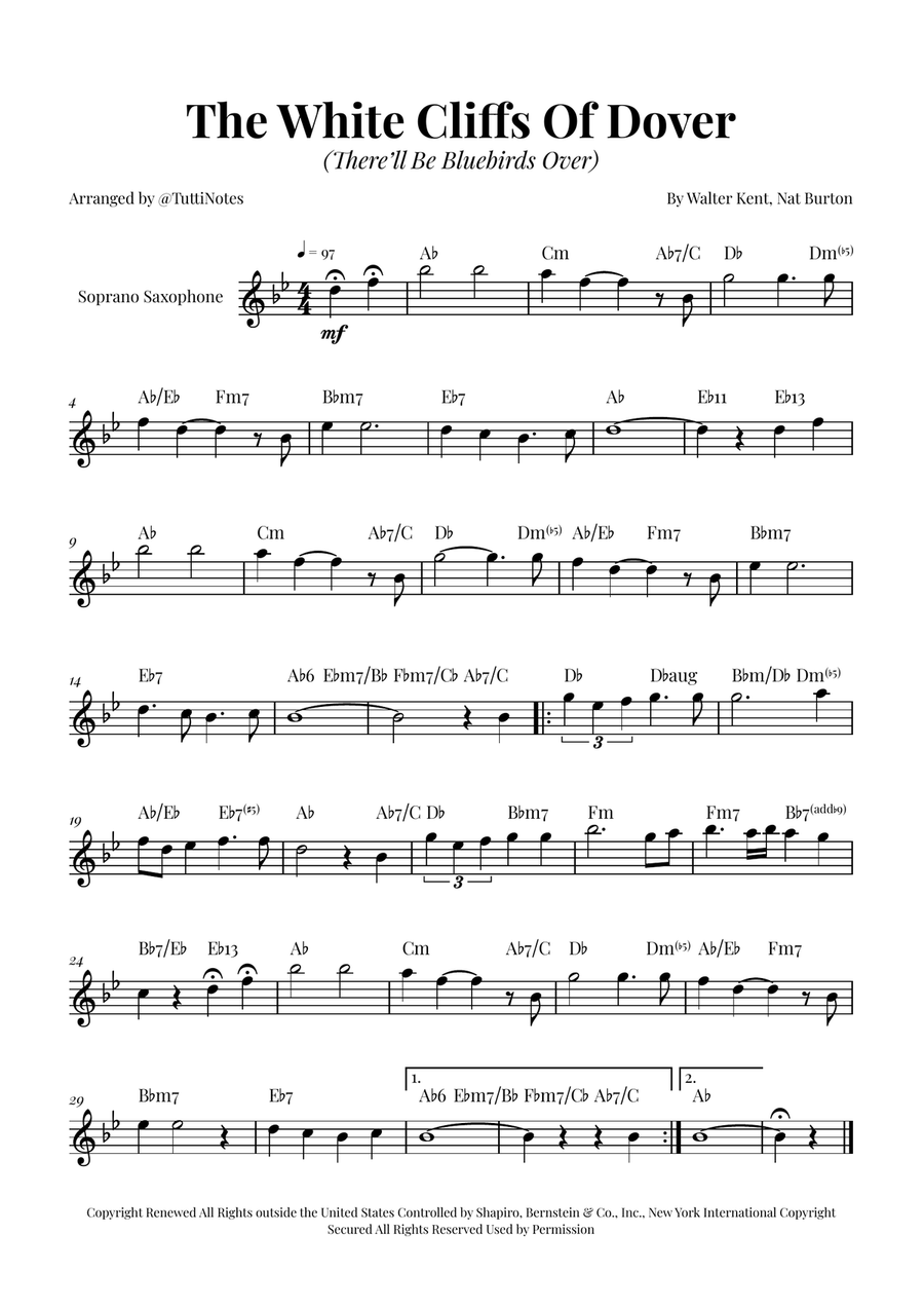 (There'll Be Bluebirds Over) The White Cliffs Of Dover Soprano Saxophone scores gallery preview page 1