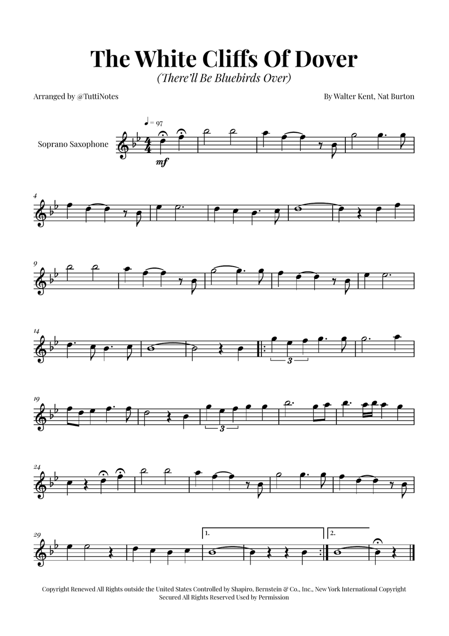 (There'll Be Bluebirds Over) The White Cliffs Of Dover Soprano Saxophone scores gallery preview page 1