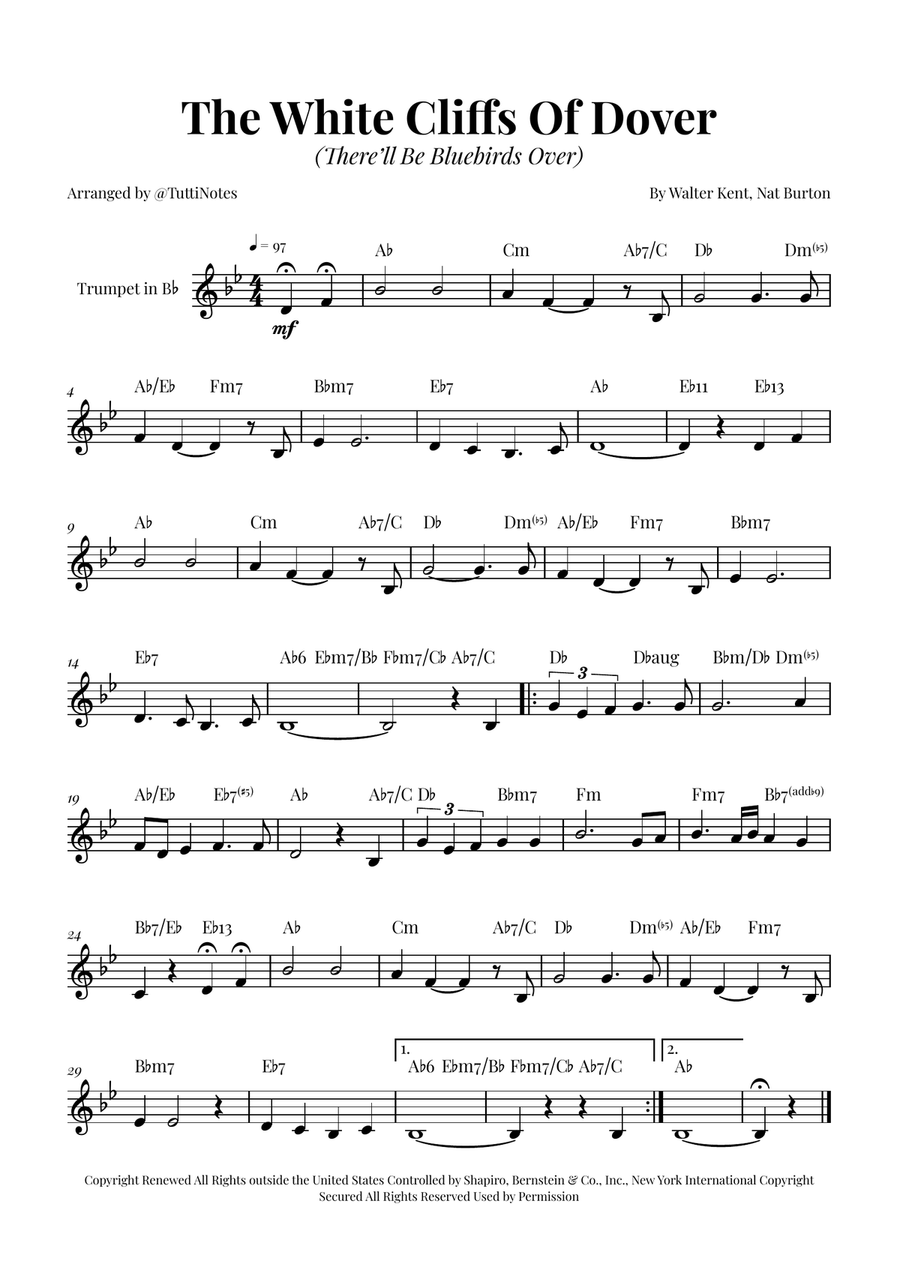 (There'll Be Bluebirds Over) The White Cliffs Of Dover B-Flat Trumpet scores gallery preview page 1