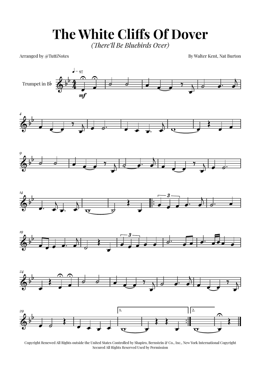 (There'll Be Bluebirds Over) The White Cliffs Of Dover B-Flat Trumpet scores gallery preview page 1
