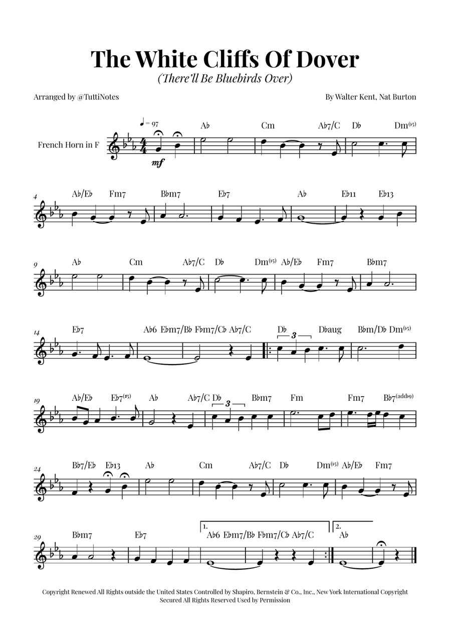 (There'll Be Bluebirds Over) The White Cliffs Of Dover Horn Solo scores gallery preview page 1