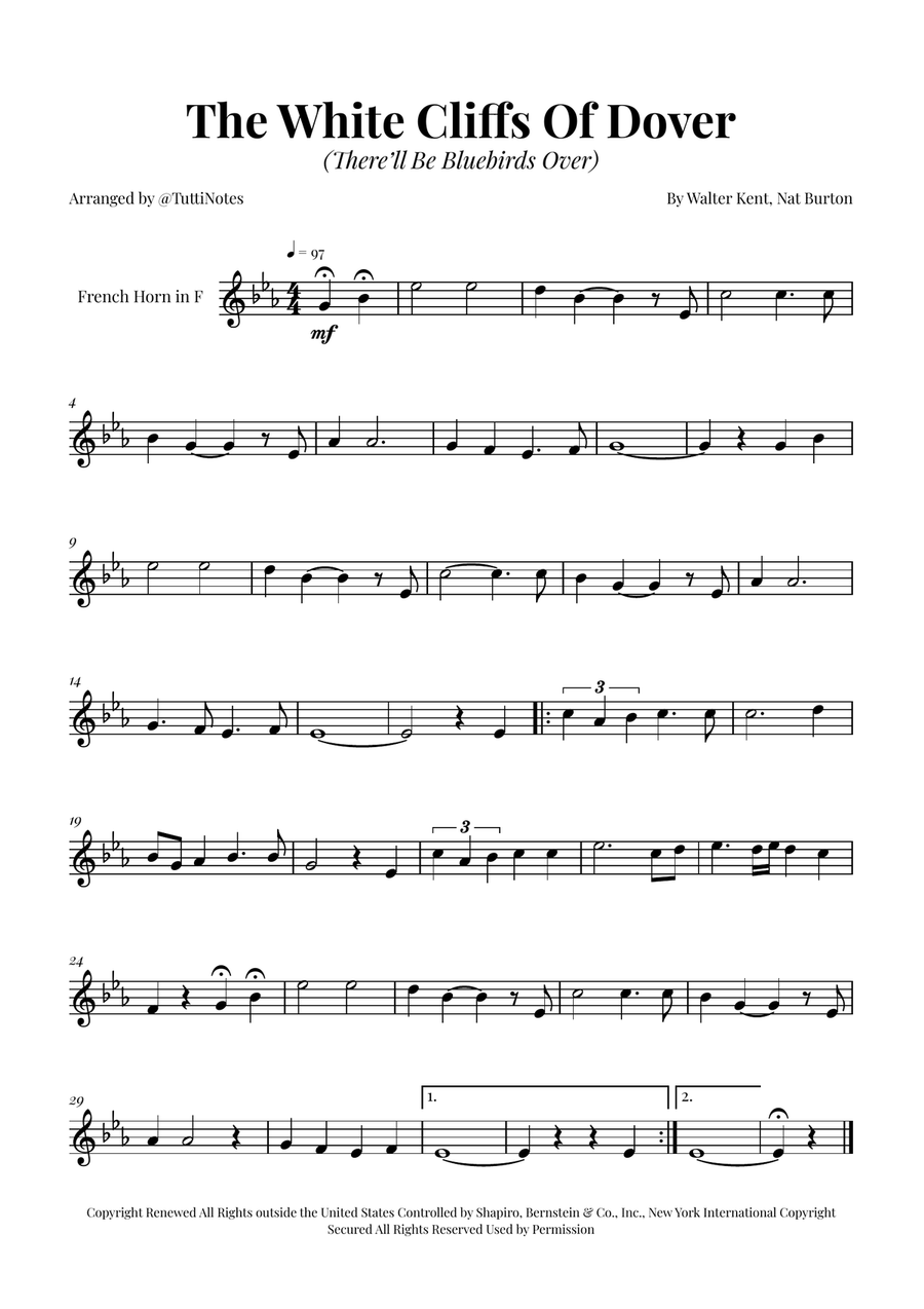 (There'll Be Bluebirds Over) The White Cliffs Of Dover Horn Solo scores gallery preview page 1