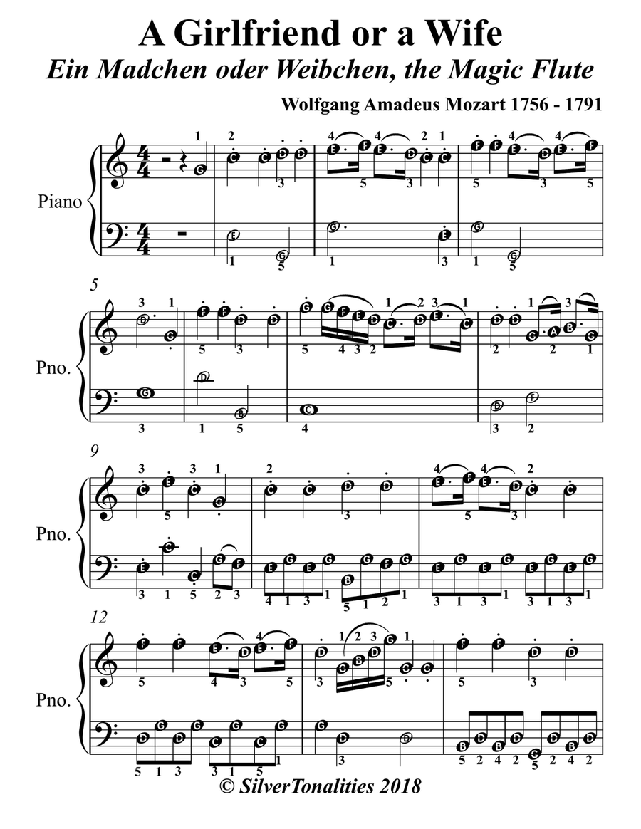 A Girlfriend or a Wife the Magic Flute Easy Elementary Piano Sheet Music Easy Piano scores gallery preview page 2