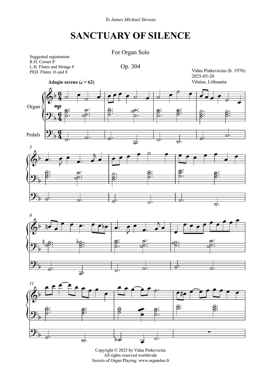 Sanctuary of Silence, Op. 304 (Organ Solo) by Vidas Pinkevicius Organ Solo scores gallery preview page 1