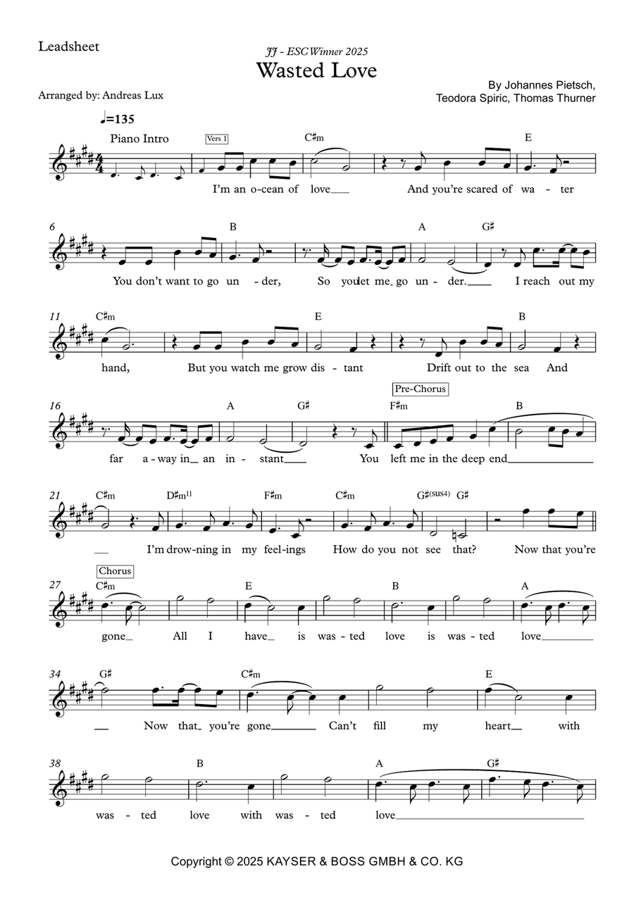 Wasted Love Wasted Love Piano scores gallery preview page 1