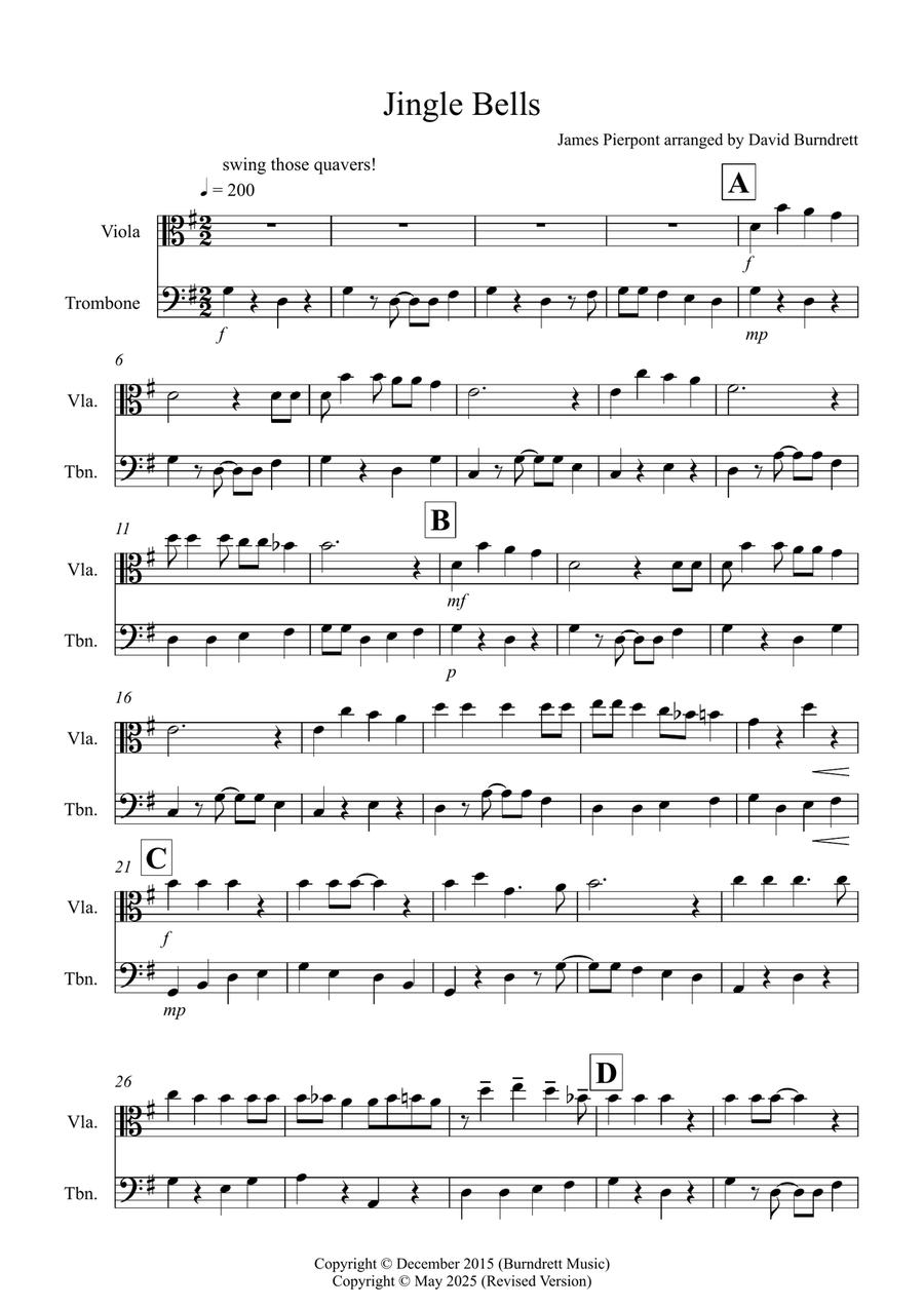 Jingle Bells (Jazzy Style!) for Viola and Trombone Duet Trombone scores gallery preview page 1