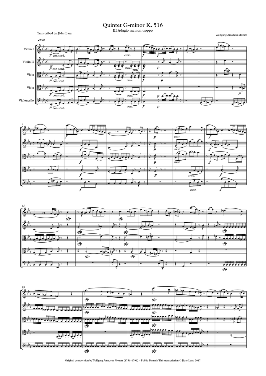 Quintet G-minor K. 516 III Adagio ma non troppo Small Ensemble scores gallery preview page 1