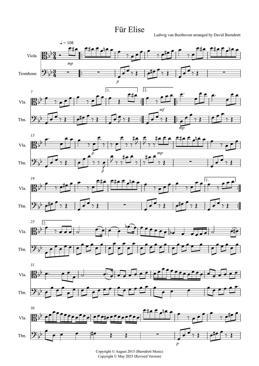 Fur Elise for Viola and Trombone Duet Trombone scores gallery preview page 1