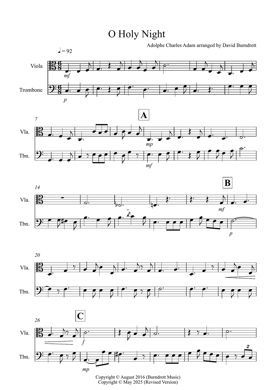 O Holy Night for Viola and Trombone Duet Trombone scores gallery preview page 1