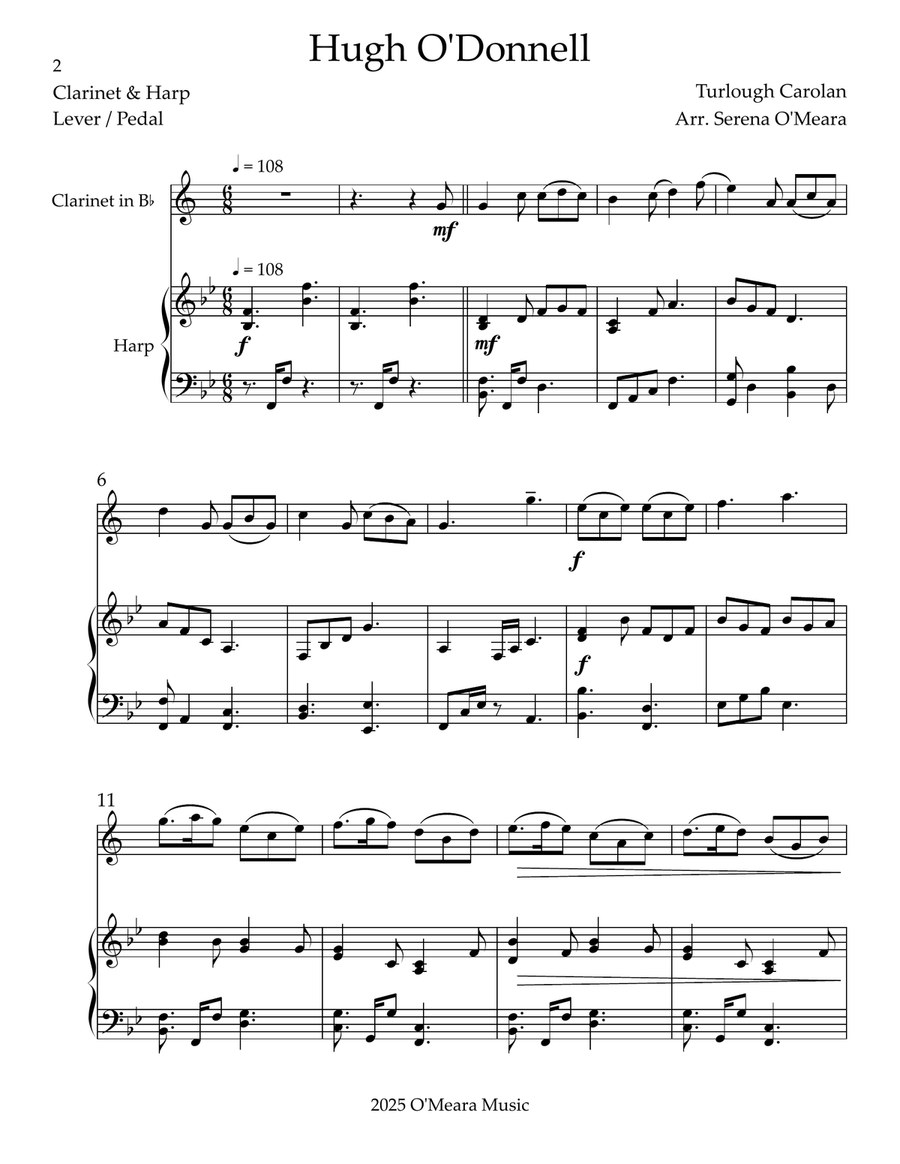 Hugh O’Donnell, Duet for Bb Clarinet & Harp B-Flat Clarinet scores gallery preview page 2