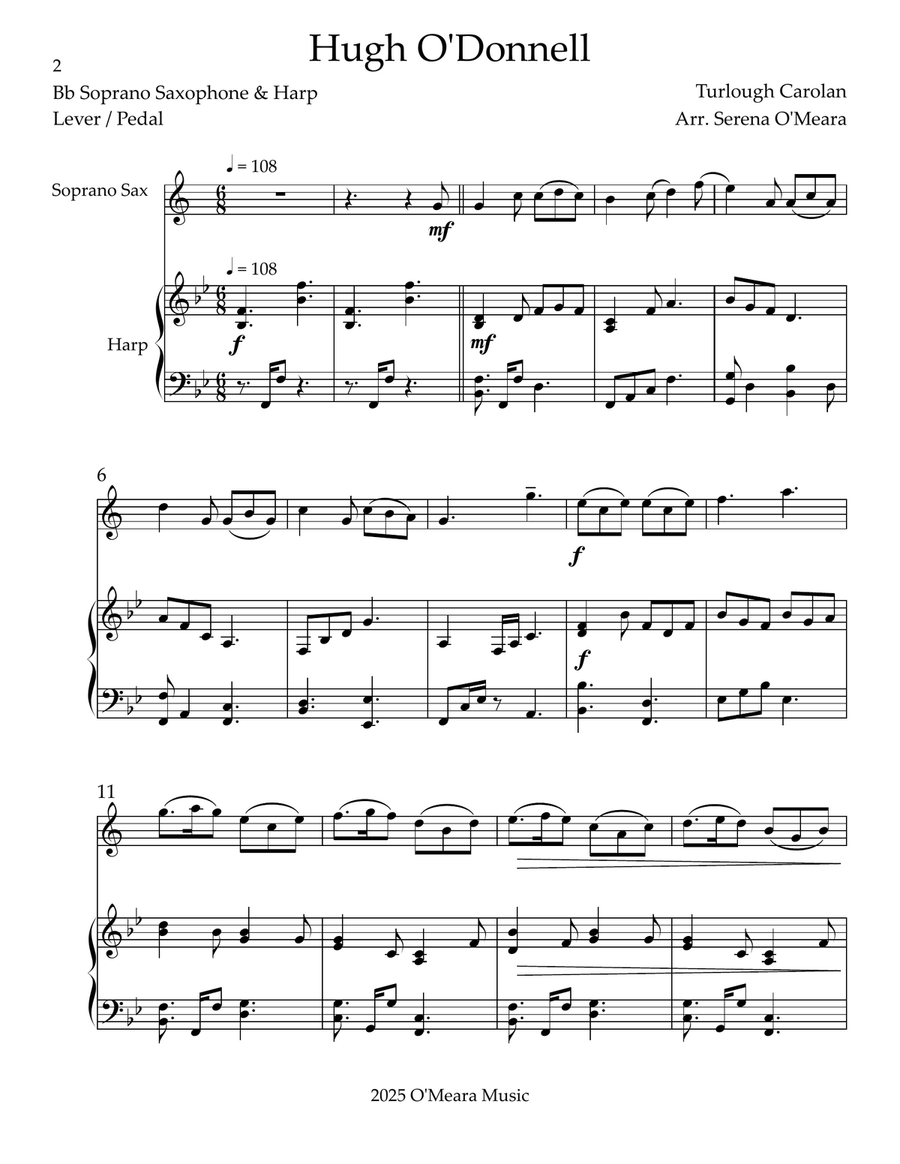 Hugh O’Donnell, Duet for Bb Soprano Saxophone & Harp Soprano Saxophone scores gallery preview page 2