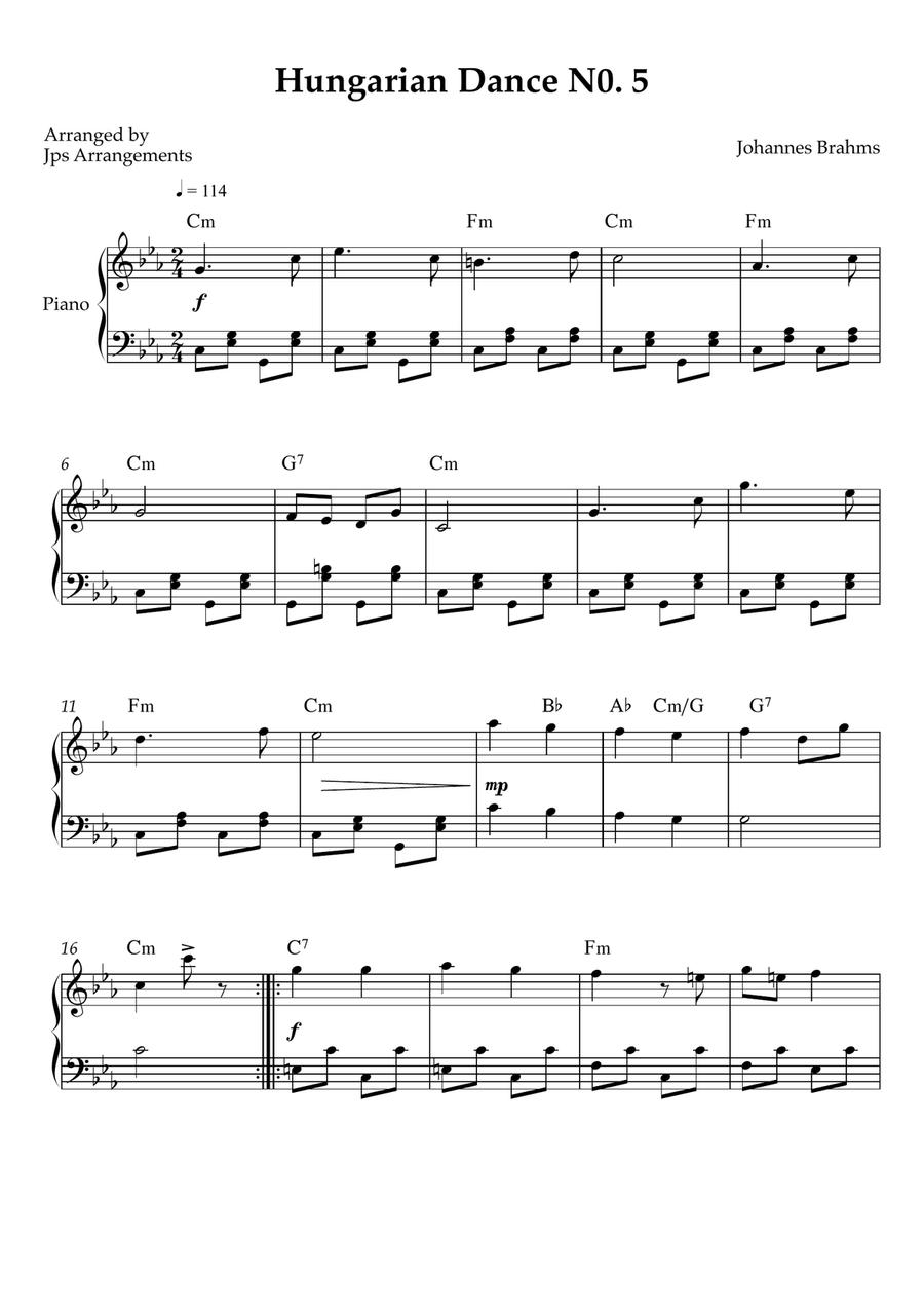 hungarian Dance No. 5 – intermediate Piano (Key of Cm) Easy Piano scores gallery preview page 1