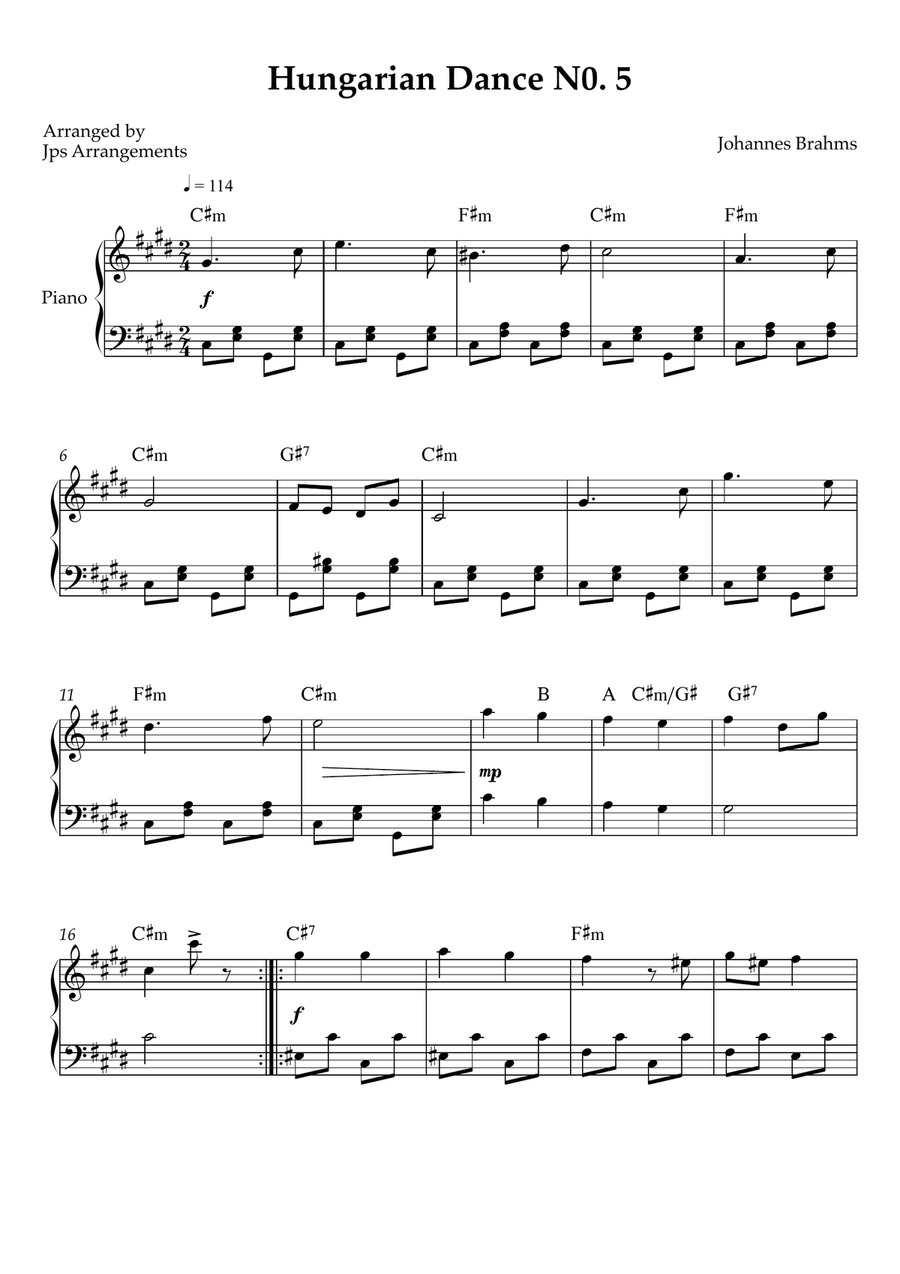hungarian Dance No. 5 – intermediate Piano (Key of C#m) Easy Piano scores gallery preview page 1