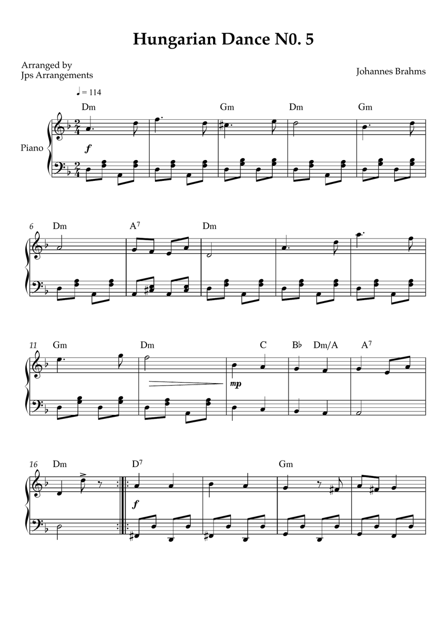 hungarian Dance No. 5 – intermediate Piano (Key of Dm) Easy Piano scores gallery preview page 1