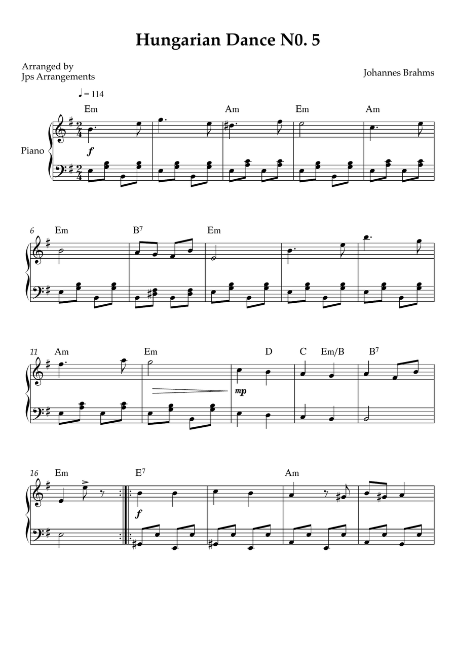hungarian Dance No. 5 – intermediate Piano (Key of Em) Easy Piano scores gallery preview page 1