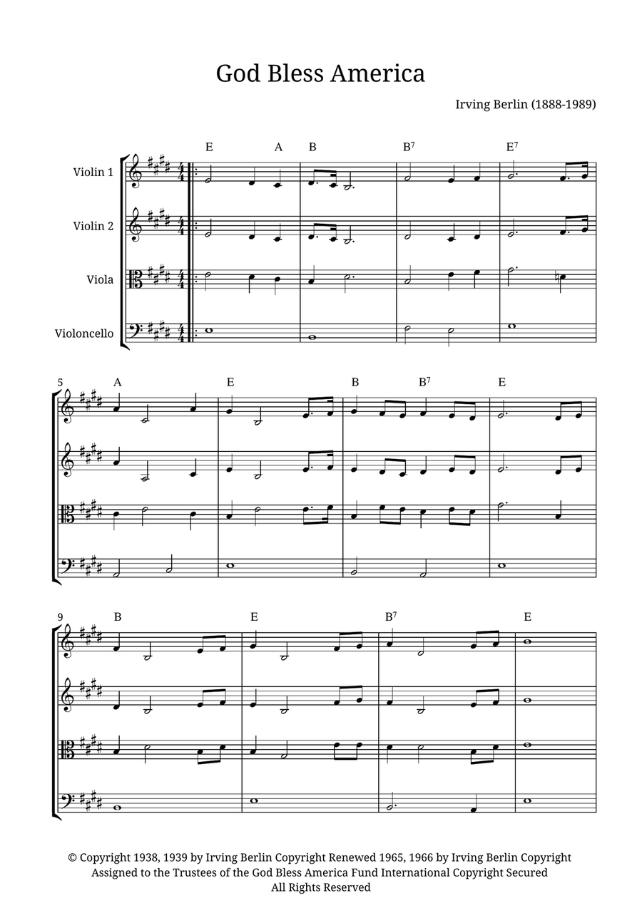God Bless America ® God Bless America ® String Quartet scores gallery preview page 1