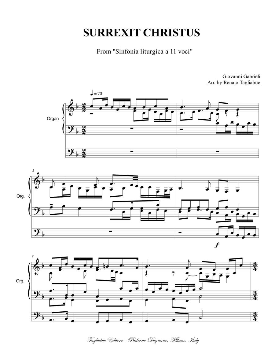 G. Gabrieli. SURREXIT CHRISTUS, Sinfonia liturgica a 11 voci. Arr. for ATB Choir and Organ 3 Staffs ATB scores gallery preview page 1
