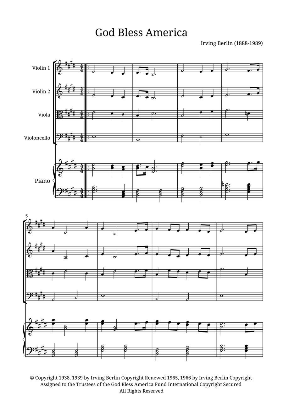 God Bless America ® God Bless America ® String Quartet scores gallery preview page 1