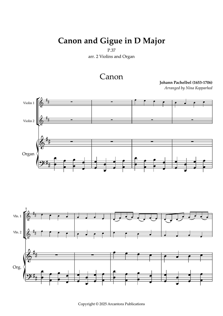 Canon and Gigue in D major, P37, arr. 2 violins and organ String Duet scores gallery preview page 3