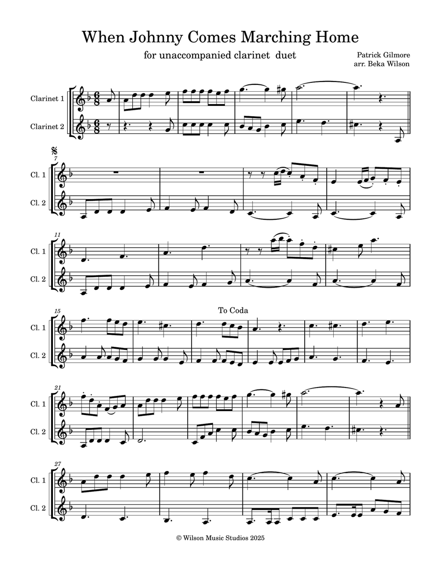 When Johnny Comes Marching Home--clarinet (or treble B flat instrument) duet Clarinet Duet scores gallery preview page 1
