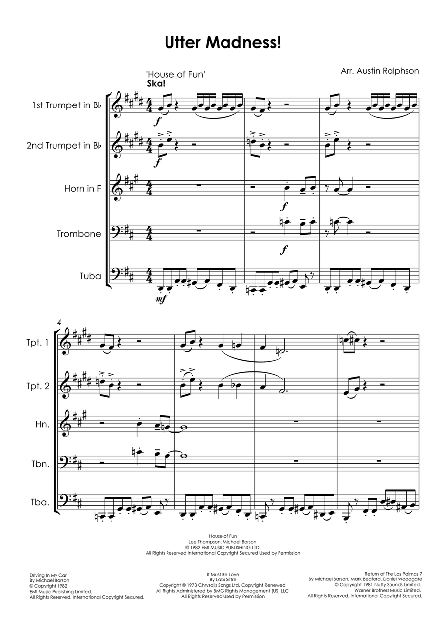 Medley: House Of Fun with Driving In My Car, It Must Be Love, and Return Of The Los Palmas 7 Brass Quintet scores gallery preview page 6