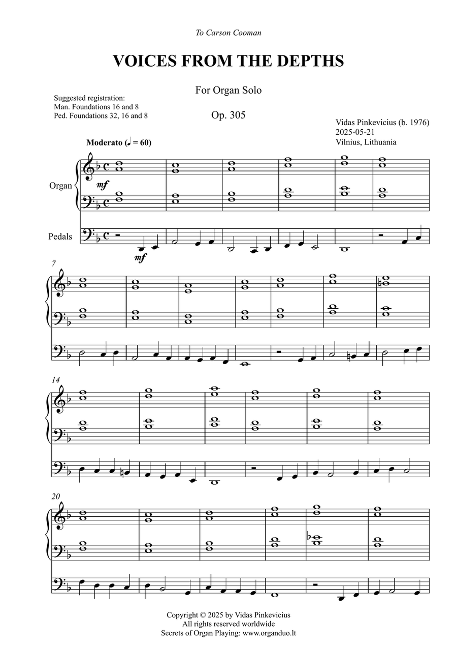 Voices from the Depths, Op. 305 (Organ Solo) by Vidas Pinkevicius Voice scores gallery preview page 1