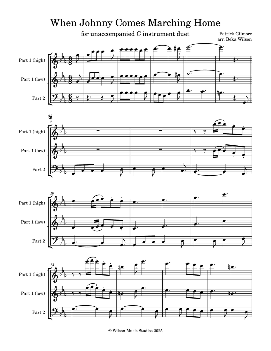When Johnny Comes Marching Home--flex duet for C instruments Flute scores gallery preview page 1