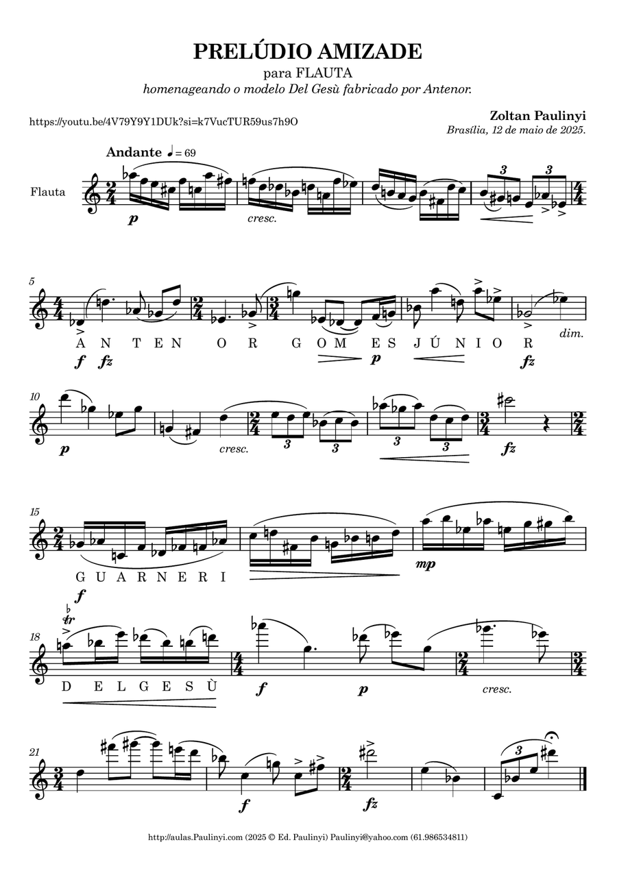 Prelude AMIZADE (2025) for solo flute by Paulinyi Flute Solo scores gallery preview page 1