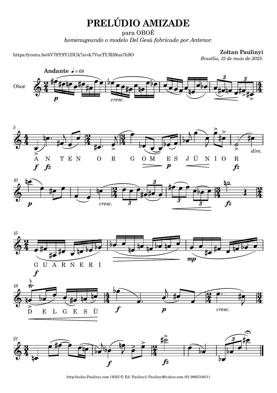 Prelude AMIZADE (2025) for solo oboe by Paulinyi Oboe Solo scores gallery preview page 1