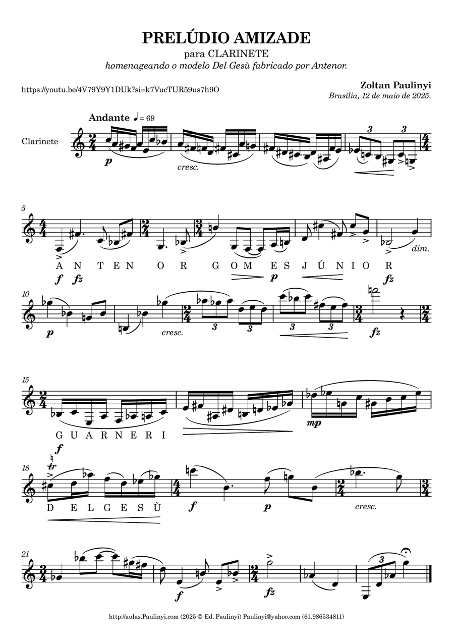 Prelude AMIZADE (2025) for solo clarinet by Paulinyi Clarinet Solo scores gallery preview page 1