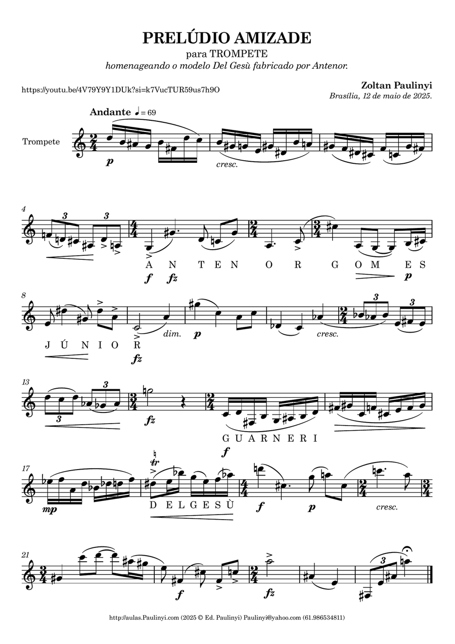 Prelude AMIZADE (2025) for solo trumpet by Paulinyi Trumpet Solo scores gallery preview page 1