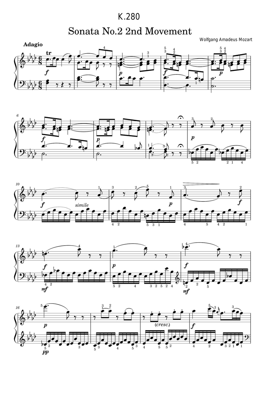 Sonata No.2 2nd Movement K.280 - Wolfgang Amadeus Mozart Piano Solo scores gallery preview page 1