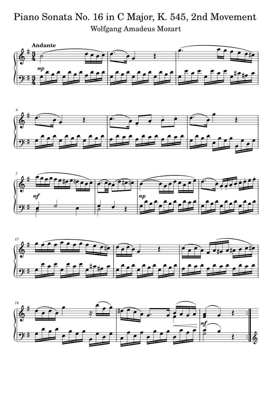 Sonata No.16 Movement 2 K.545 - Wolfgang Amadeus Mozart Piano Solo scores gallery preview page 1